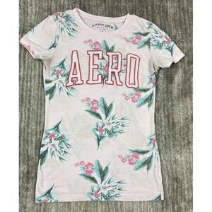Aeropostale Shirt Womens Small Pink Floral Raised Spell out‎ Classic Crew